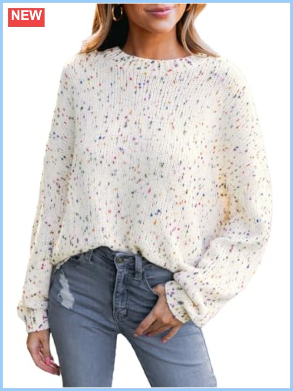 Womens Crewneck Rainbow Pom Pom Pullover Sweater Long Sleeve